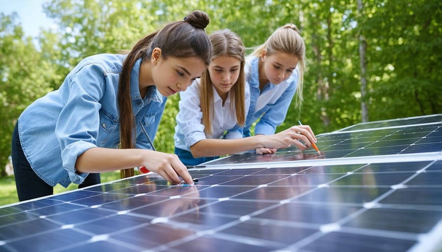 Middle school students measuring voltage output from a small solar panel in bright sunlight