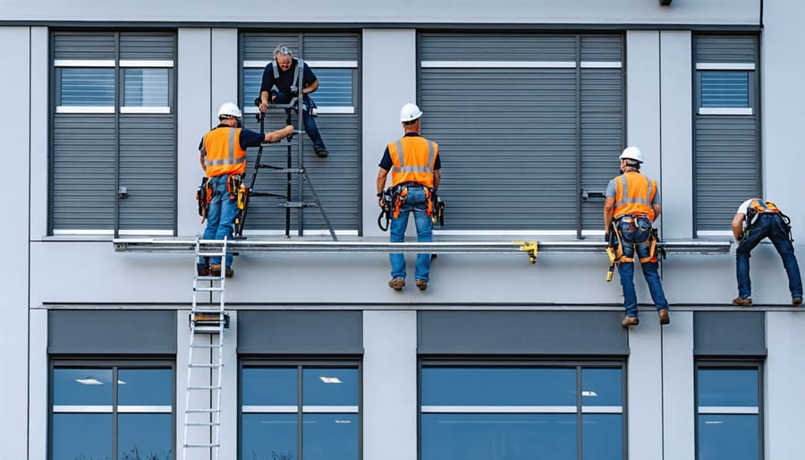Professional team installing adaptive solar facade panels on a residential building