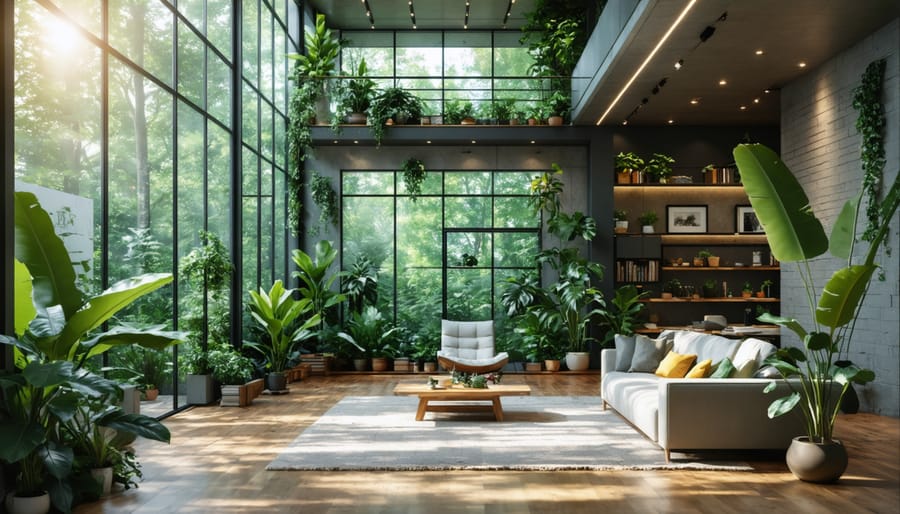 Sunlit living room with floor-to-ceiling windows, solar panels visible outside, and abundant indoor plants