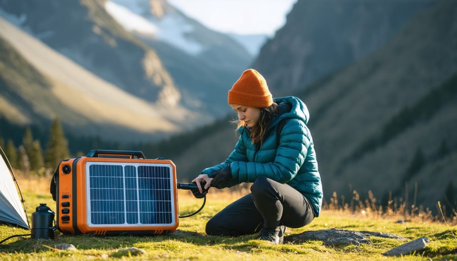 Camper warming themselves with a portable solar heater outside their tent at sunset