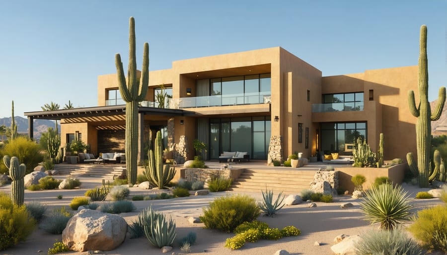 Passive solar desert home with expansive windows and earth-toned adobe walls capturing sunlight
