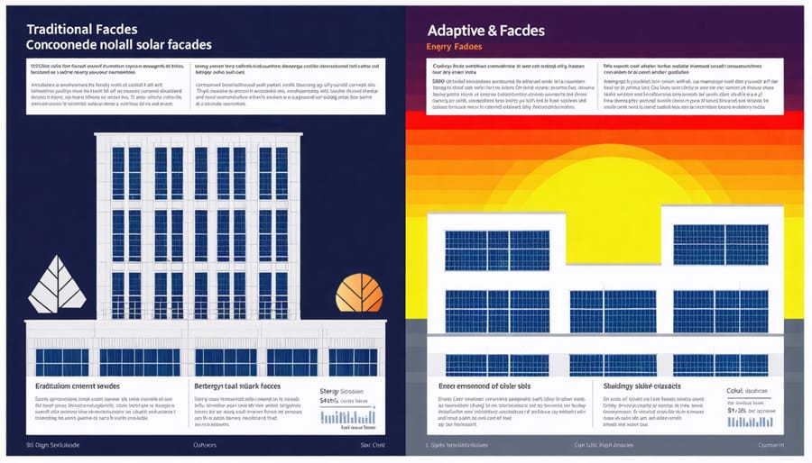 Comparative chart showing energy savings between conventional and adaptive solar facades