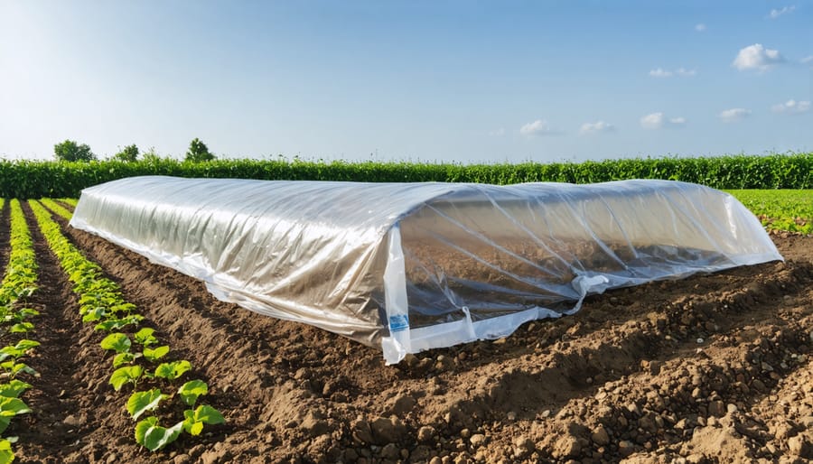 Garden bed being solarized with transparent plastic sheeting showing moisture collection