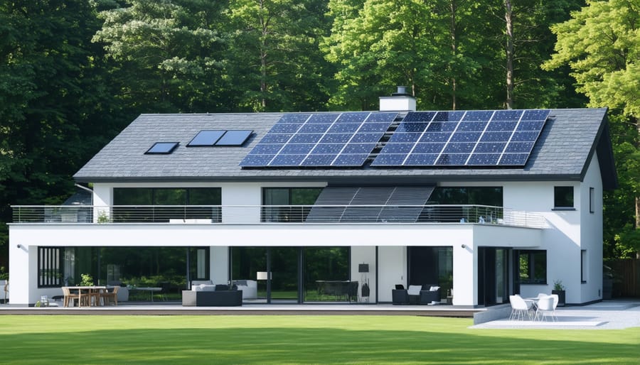 Contemporary house design showcasing invisible solar integration through roof tiles and window installations