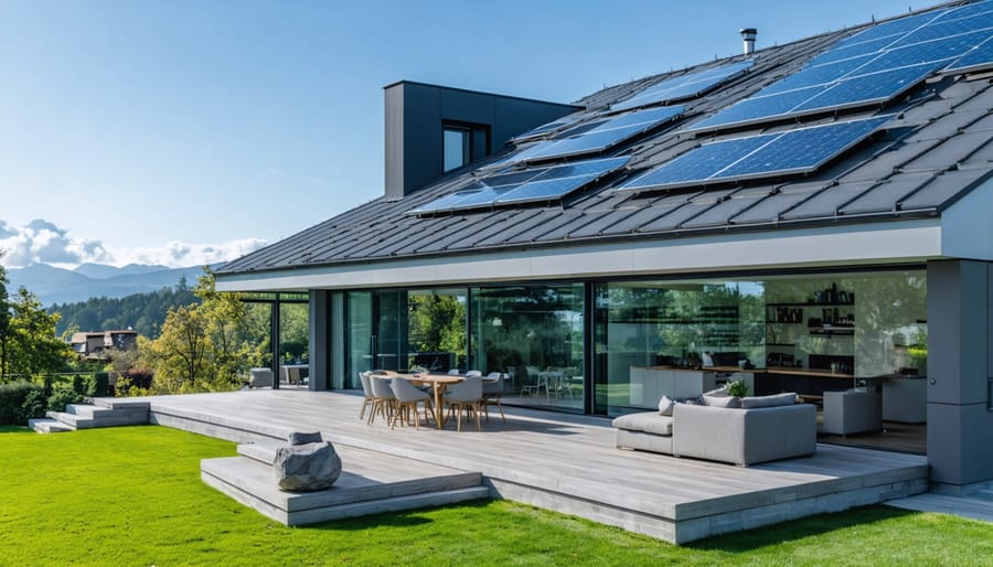 Modern eco-friendly home with solar roof tiles and transparent solar windows, showcasing seamless integration of advanced solar technologies in contemporary architecture.