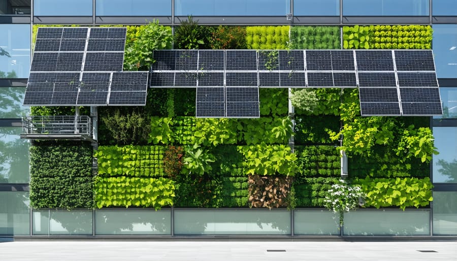 Vertical garden wall with integrated solar panels, showing green plants growing alongside solar technology