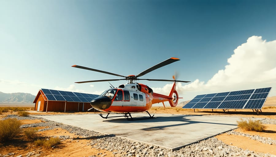 Medical evacuation helicopter landing near portable solar power installation