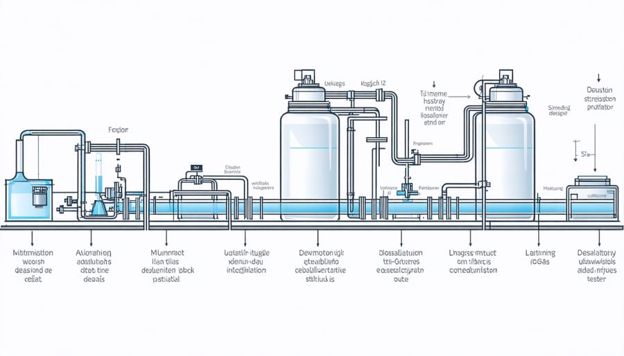 Cross-sectional diagram of MIT's solar desalination system showing water flow and heat exchange stages