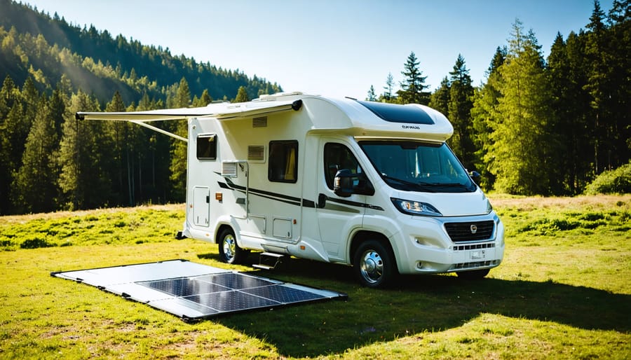 RV parked in a remote natural location with portable solar panels set up, capturing sunlight to provide power for off-grid living.