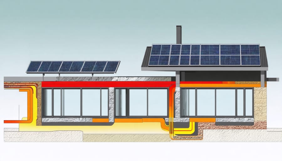Diagram showing sunlight entering through windows and being absorbed by thermal mass flooring