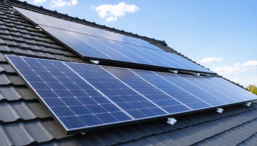 Rooftop installation of flat-plate solar collectors with sunlight reflecting off the surface
