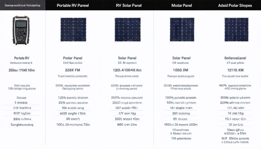 Comparison chart of key features for popular RV solar panel kits including wattage, weight, and dimensions