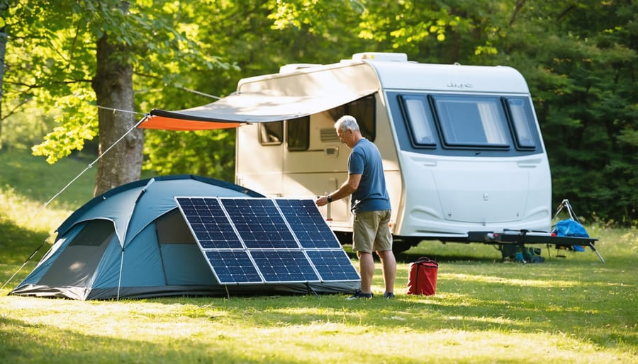 Person deploying a foldable solar panel kit next to their RV with mounting hardware visible