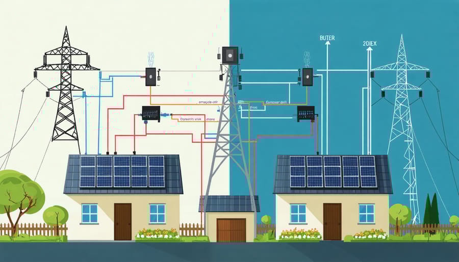 Interactive diagram of a smart grid network showing solar panels, homes, and power flow directions