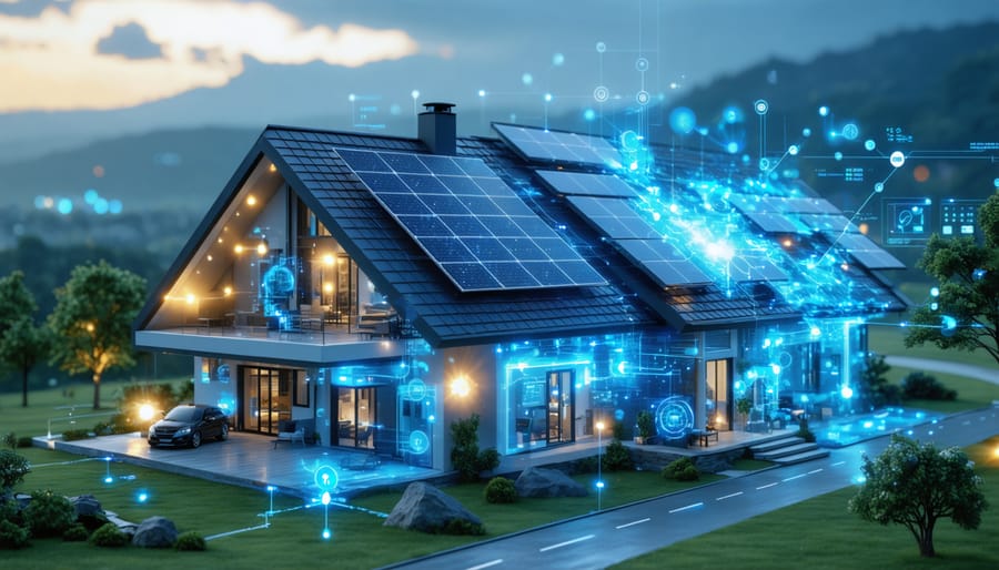 A conceptual illustration of a modern home integrated with a smart grid system, showing solar panels, bi-directional energy flow, and digital data elements representing real-time energy management and optimization.