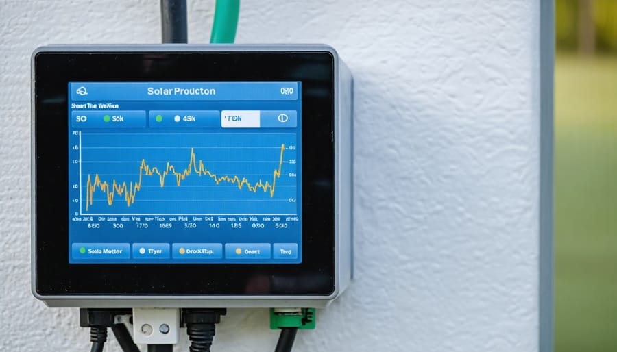 Smart meter display showing solar energy production and consumption metrics