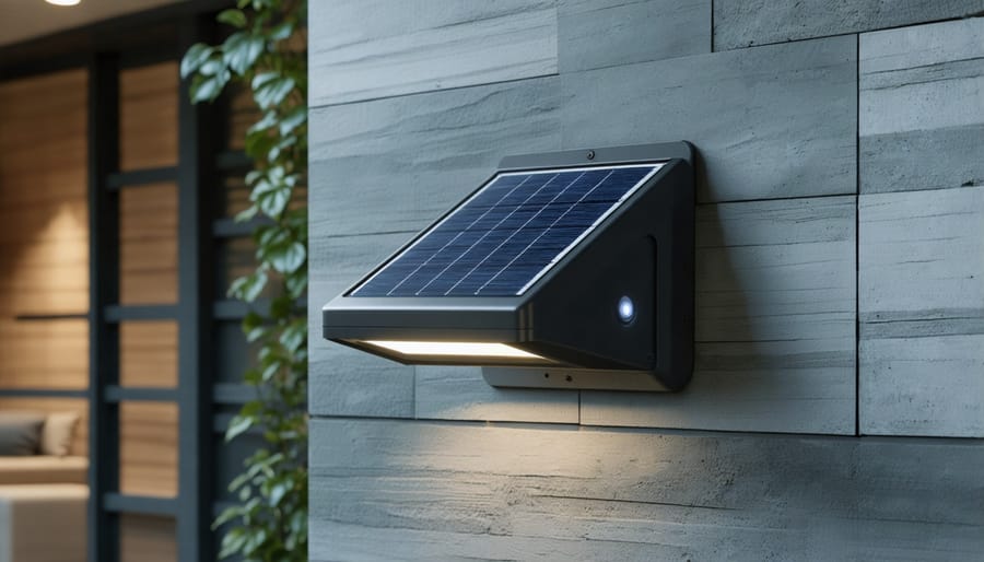 Modern solar-powered wall lamp with labeled smart features and sensors
