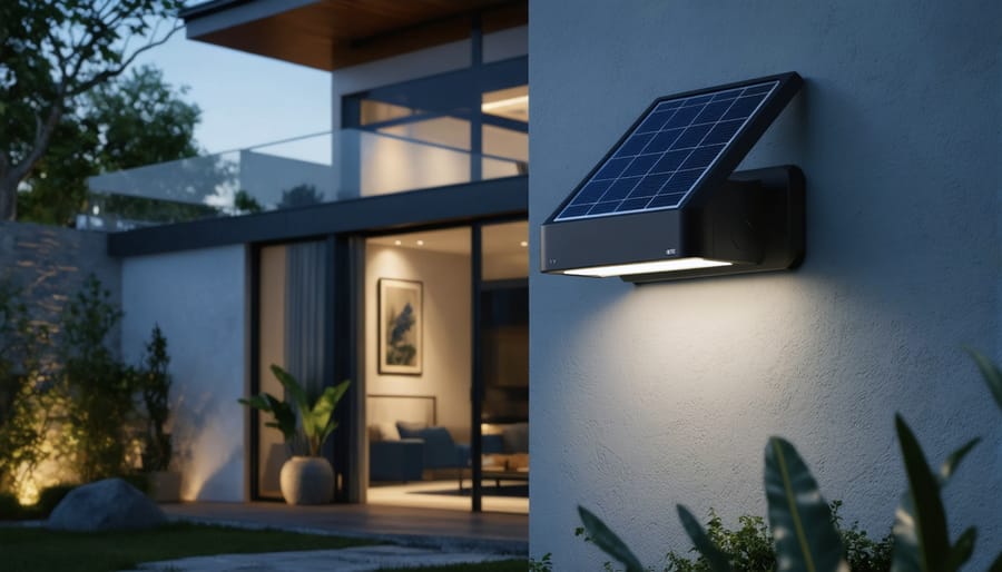 Modern solar-powered wall lamp on an exterior wall, with highlighted features like solar panels, motion sensors, and connectivity symbols, glowing warmly against a twilight backdrop to illustrate smart lighting technology.