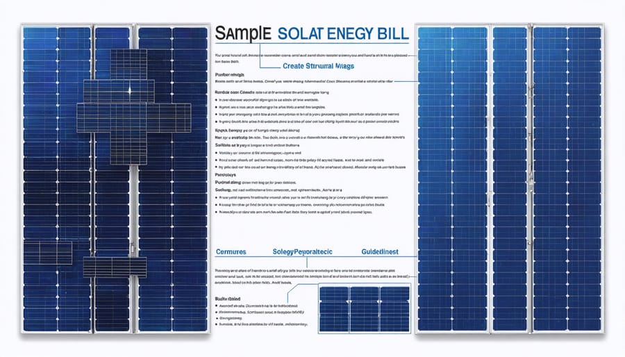 Annotated solar electricity bill showing important sections such as energy production, consumption, and net metering credits
