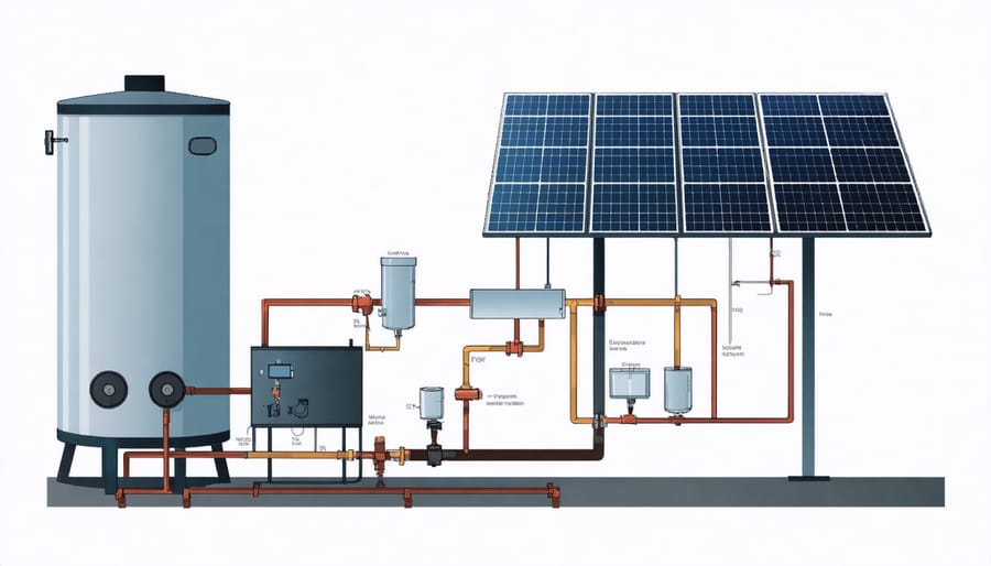 Technical illustration of solar water boiler components including collectors, heat exchanger, and storage tank
