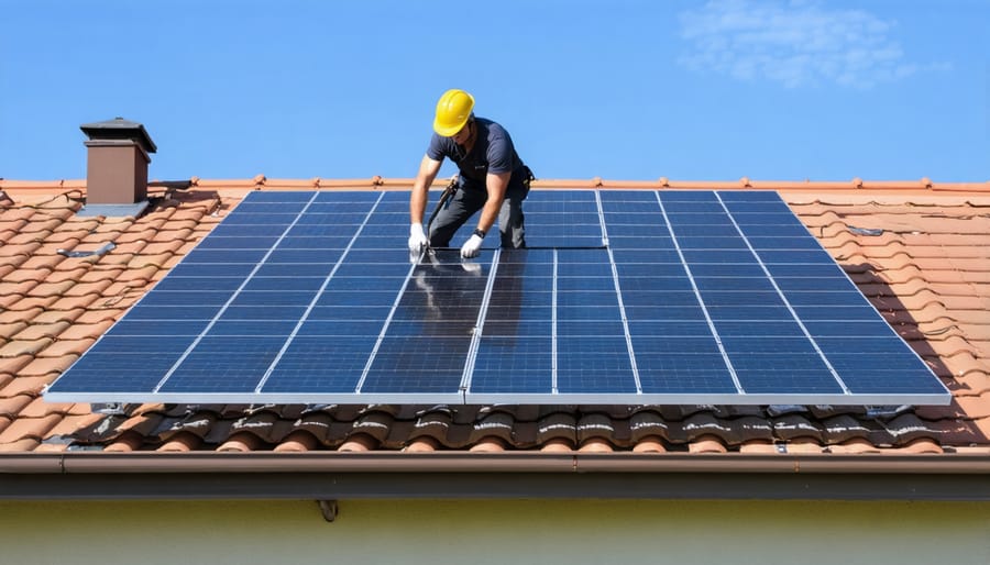 Technician mounting solar thermal collectors on a sloped residential roof