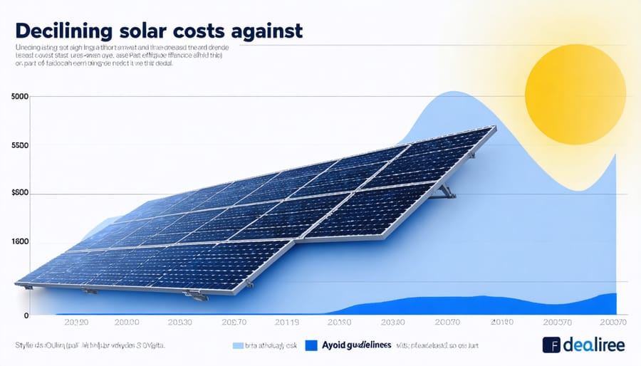 Line chart demonstrating the inverse relationship between decreasing solar technology costs and improving efficiency from 2013 to 2023
