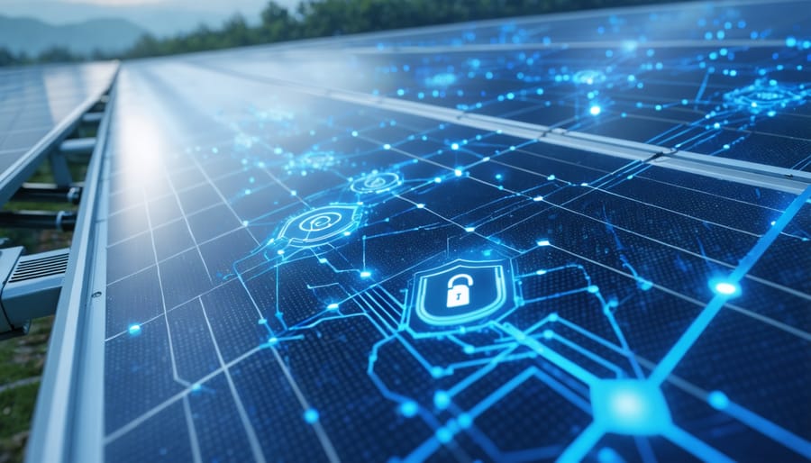 Conceptual illustration of solar panels integrated with circuit elements and data streams, highlighting the importance of cybersecurity in solar energy systems.