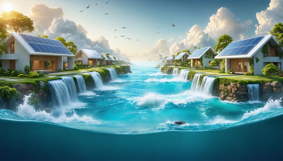 Conceptual illustration of solar panels and desalination units transforming a coastal community, generating clean water under sunlight, symbolizing technological harmony with nature.