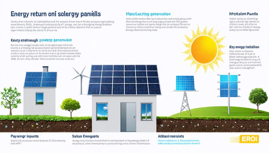 Infographic depicting the energy inputs and outputs of a solar panel's lifecycle, highlighting manufacturing, installation, and power generation phases, with a focus on energy return on energy investment.