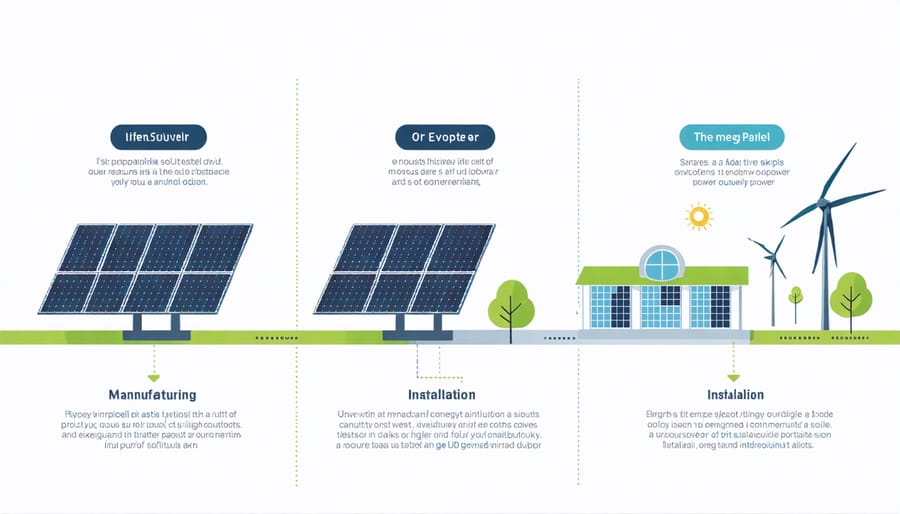 Diagram illustrating the complete energy lifecycle of solar panels, including manufacturing, transport, installation, and power generation phases