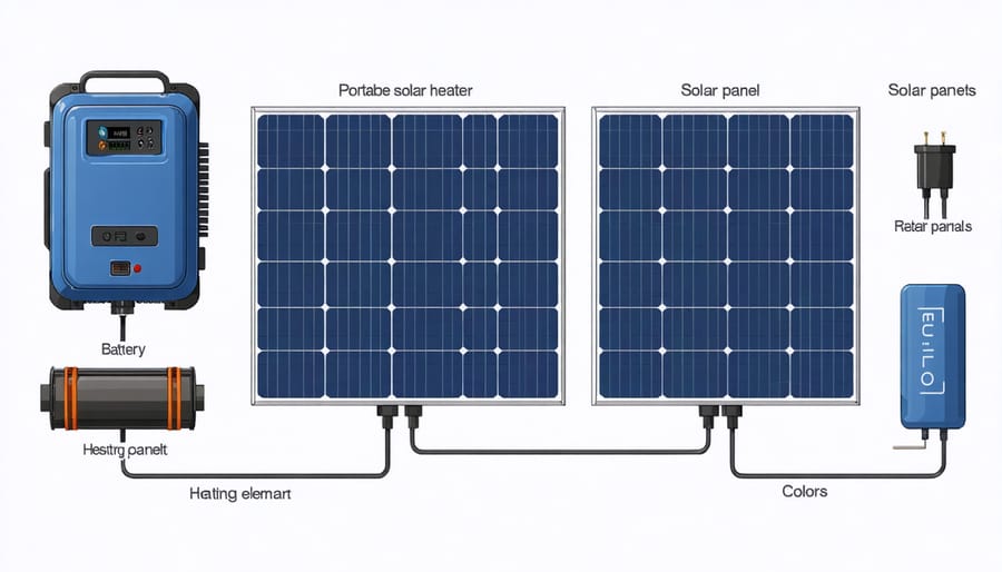 Labeled diagram of solar portable heater components and energy flow
