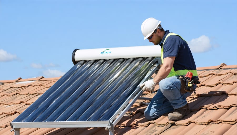 Licensed technician installing solar heating panels on residential rooftop with safety equipment