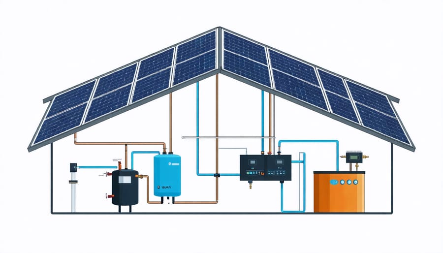 Schematic diagram of a residential solar heating system showing major components and flow paths