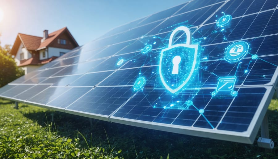 Conceptual illustration showing an interconnected smart solar energy system with cybersecurity symbols, including digital locks and network grids, emphasizing the protection of home solar installations.