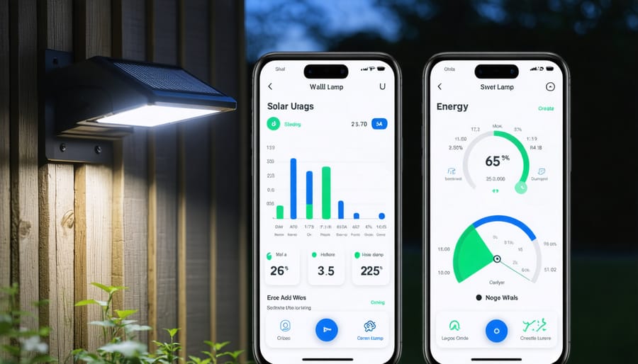 Smartphone screen displaying solar lamp control app with energy monitoring features