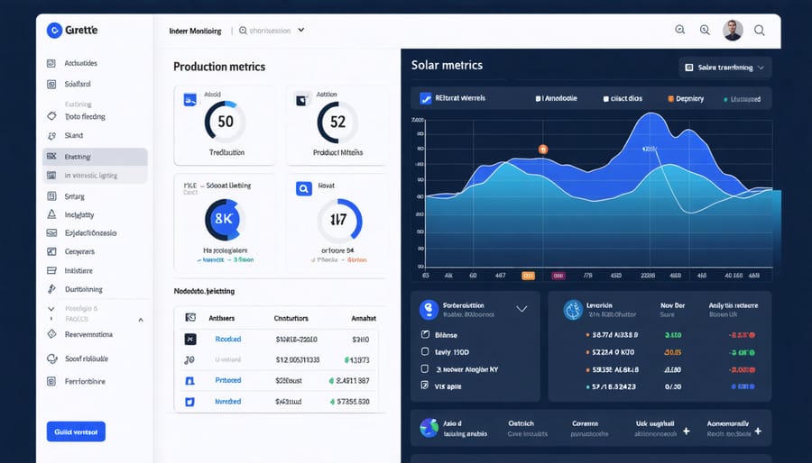 Solar system monitoring interface displaying daily production data and system health metrics
