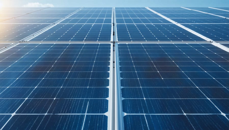 Close-up view of solar panels showing monitoring sensors, inverters, and data collection equipment