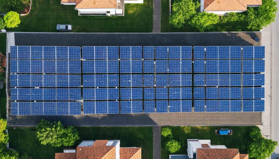 Bird's eye view of suburban homes with rooftop solar panels