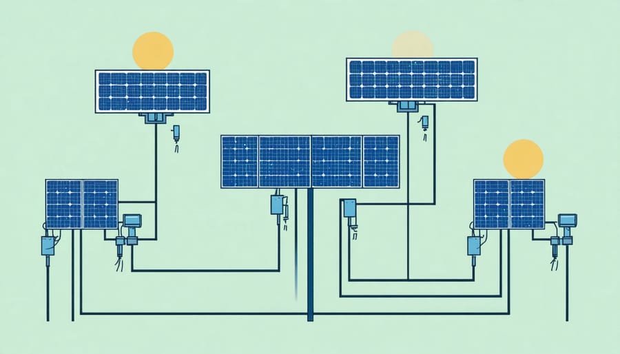 Instructional diagram showing optimal angle placement and wiring connections for RV solar panels
