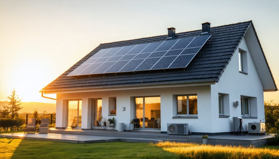 A stylish house with solar panels on the rooftop, basking in sunlight, representing energy-efficient and sustainable solar-powered heating.