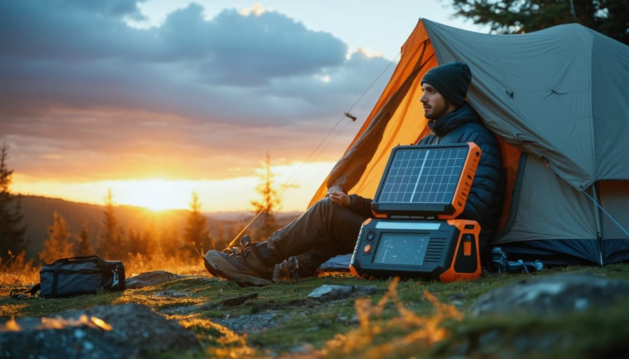Person utilizing a solar-powered portable heater in a scenic outdoor setting at sunset, highlighting the unit's compact solar panels and showcasing its mobility and sustainable energy usage.