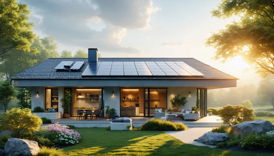 A modern home with solar collectors on the roof, capturing sunlight to power a solar water boiler system, symbolizing sustainable and eco-friendly living.