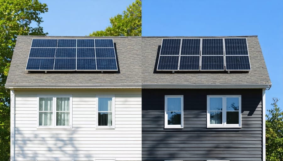 Comparison showing aesthetic difference between conventional solar panels and solar shingles on residential roofs