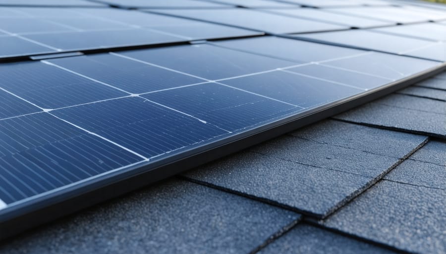 Detailed view of the internal components and layers of a solar roof shingle
