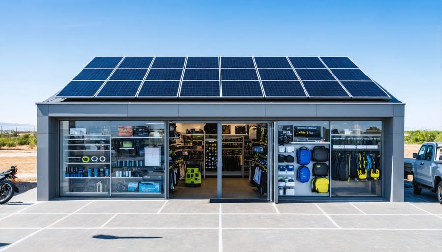 Interior view of a solar equipment store with panels and inverters on display