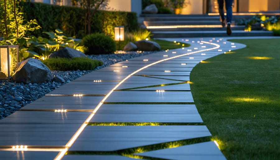 Sleek solar pathway lights illuminating a modern garden walkway at dusk, enhancing the scene with intricate shadow patterns and motion-detection brightness.