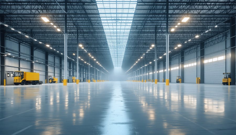 Well-lit warehouse interior showcasing solar-powered LED lighting fixtures