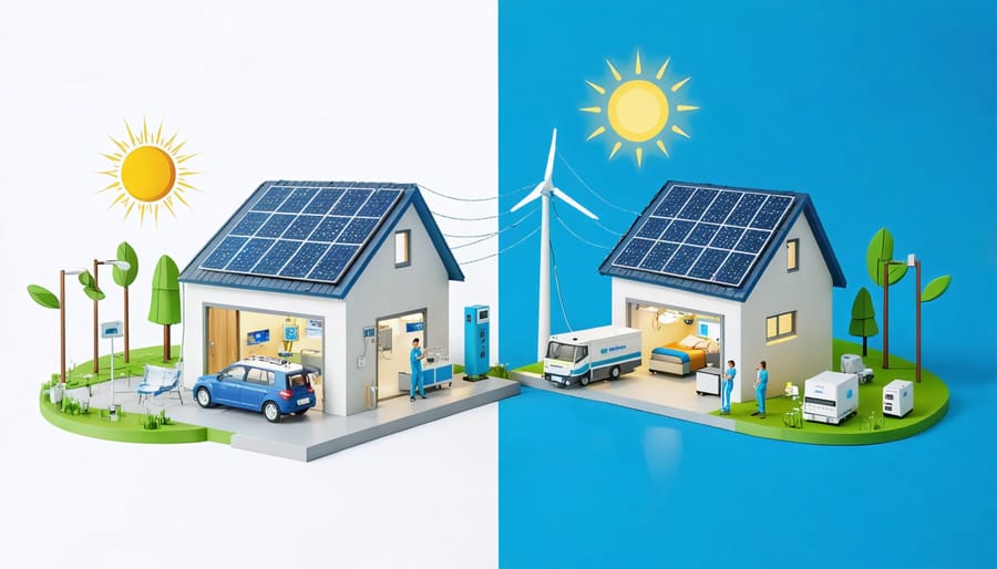 An image split into two scenes; on the left, medical equipment is shown non-operational due to a power outage inside a healthcare setting. On the right, the same equipment is operational, powered by solar panels capturing sunlight, indicating a successful emergency backup system.