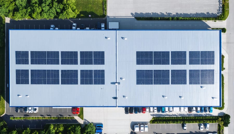 Large industrial warehouse with extensive rooftop solar panel installation