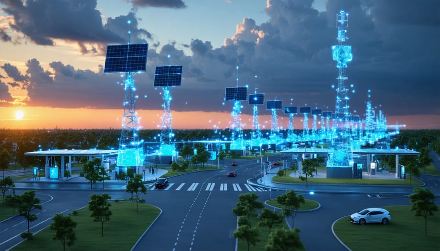 Futuristic cityscape at sunset with solar-powered 5G towers, electric vehicles at charging stations, and visible 5G data connectivity, showcasing the integration of green infrastructure.